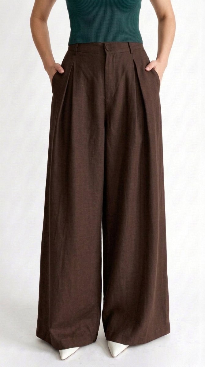 Brown wide leg linen Korean pants - Kolari officialBrown wide leg linen Korean pantsBrown wide leg linen Korean pants